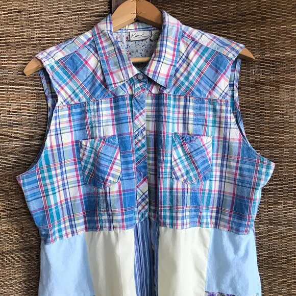 Patchwork Duster, Size L-XL: Upcycled Boho Sleeveless Floral Button-Down Dress - Picture 9 of 13